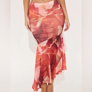 Fashion Nova Red and Pink Asymmetrical Midi Skirt, M